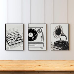 Arte de pared con música retro, juego de discos de vinilo, póster decorativo vintage para habitación musical, regalo para amantes de la música, juego de cintas musicales, descarga digital para decoración de habitación