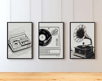 Arte de pared con música retro, juego de discos de vinilo, póster decorativo vintage para habitación musical, regalo para amantes de la música, juego de cintas musicales, descarga digital para decoración de habitación