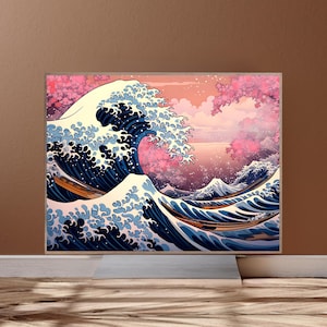Art Hokusai Art The Great Wave Print, Japanese Wall Art, Aesthetic Dorm Room Wall Decor, Japanese Pink Wall Art, Japanese Decor,Waves Print