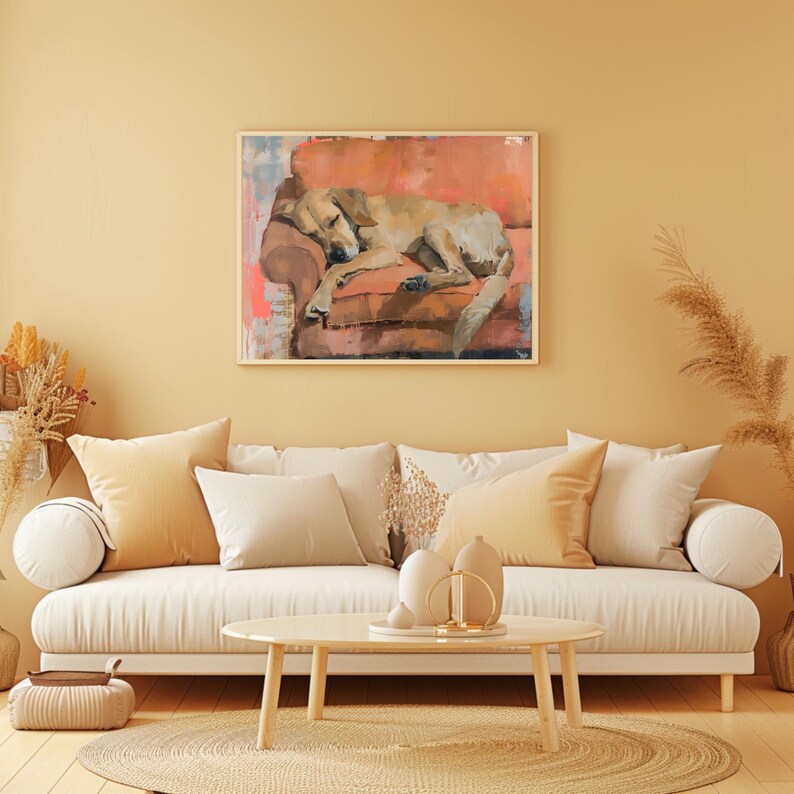 May include: A painting of a dog sleeping on a couch. The dog is a light brown color and is lying on its side with its head resting on its paws. The couch is a reddish-brown color and has a floral pattern. The painting is framed in a light wood frame.