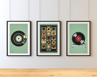 May include: Three framed prints with a retro theme. The center print features a colorful illustration of vintage record players. The left and right prints each feature a black vinyl record with a turntable.