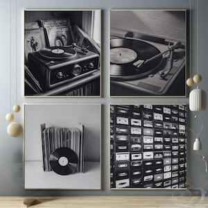 Vinyl Records Wall Art,Old Times Vintage Photos Gallery Set of 4,Record Player Print, Black and White Art, DIGITAL DOWNLOAD,Room Decor