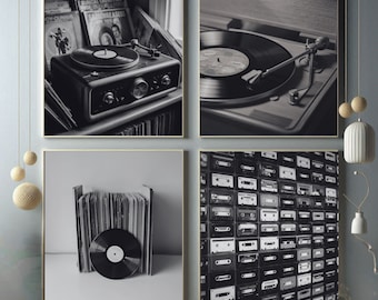 Vinyl Records Wall Art,Old Times Vintage Photos Gallery Set of 4,Record Player Print, Black and White Art, DIGITAL DOWNLOAD,Room Decor