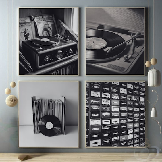 Vinyl Records Wall Art,Old Times Vintage Photos Gallery Set of 4,Record Player Print, Black and White Art, DIGITAL DOWNLOAD,Room Decor