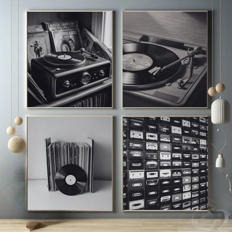 May include: A set of four framed black and white prints featuring vintage audio equipment and media. The images include a record player, vinyl records, and a wall of cassette tapes, evoking a retro aesthetic.