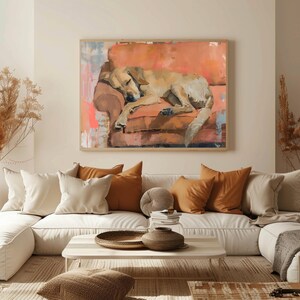 May include: A painting of a dog sleeping on a pink couch. The dog is a light brown color and has its head resting on the arm of the couch. The couch is in a living room setting with a white couch and pillows in the foreground.