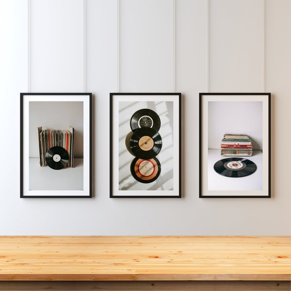 Vinyl Records Wall Art Set of 3, Record Player Print Gift for Music Lovers, Room Decor Printable Wall Art, B&W Photography, AI GENERATED