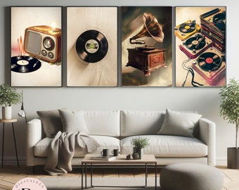 Vinyl Record Instrument Wall Art, Vintage Music Wall Art, Gramophone, Record Player Art, DIGITAL DOWNLOAD, Set of 4 Prints, Music Wall Art