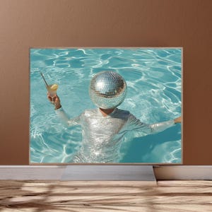 Disco Ball Head Poster, Funky Disco 70s Print, Luxury Mirrorball Printable, Aesthetic Wall Art, Room Art Trendy,Digital Download, AI
