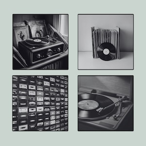 May include: A black and white collage featuring a vintage record player with a vinyl record, a stack of vinyl records, and a wall covered in cassette tapes. The image evokes a retro aesthetic.