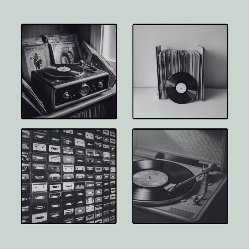 May include: A black and white collage featuring a vintage record player with a vinyl record, a stack of vinyl records, and a wall covered in cassette tapes. The image evokes a retro aesthetic.