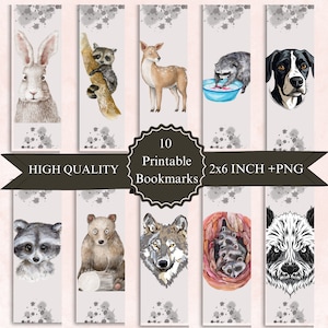 Animals Bookmark Set, 10 Mixed Animal Bookmark Pages, Colorful Printable Animal Themed Bookmarks, PNG Files,Animals Sublimation,Cute Animals