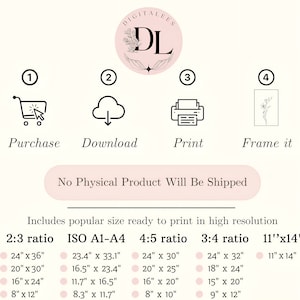 May include: A digital download graphic design product with a pink background and black text. The text reads "DIGITALEES DL" in a circle with a floral design. The image shows four steps to purchase, download, print, and frame a digital product. The text "No Physical Product Will Be Shipped" is in a pink rectangle. The image also includes a table with different sizes for printing in inches. The sizes are listed in four columns: 2:3 ratio, ISO A1-A4, 4:5 ratio, and 3:4 ratio.