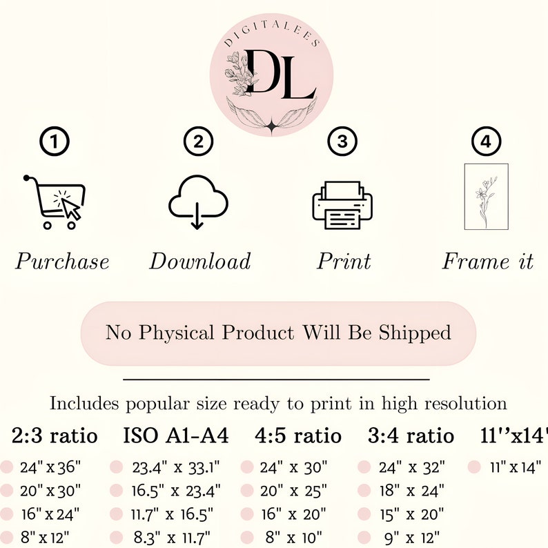 May include: A digital download graphic design product with a pink background and black text. The text reads "DIGITALEES DL" in a circle with a floral design. The image shows four steps to purchase, download, print, and frame a digital product. The text "No Physical Product Will Be Shipped" is in a pink rectangle. The image also includes a table with different sizes for printing in inches. The sizes are listed in four columns: 2:3 ratio, ISO A1-A4, 4:5 ratio, and 3:4 ratio.