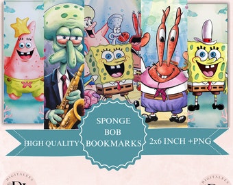 Bookmark PNG, Sponge Bob Bookmarks Bundle, Printable Bookmark, Sponge Bob Character Theme, Cartoon Characters Digital Bookmarks, Book Lovers