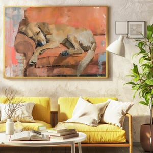 May include: A painting of a golden retriever dog sleeping on a pink couch. The dog is curled up on the couch with its head resting on its paws. The painting is done in a realistic style with soft brushstrokes.
