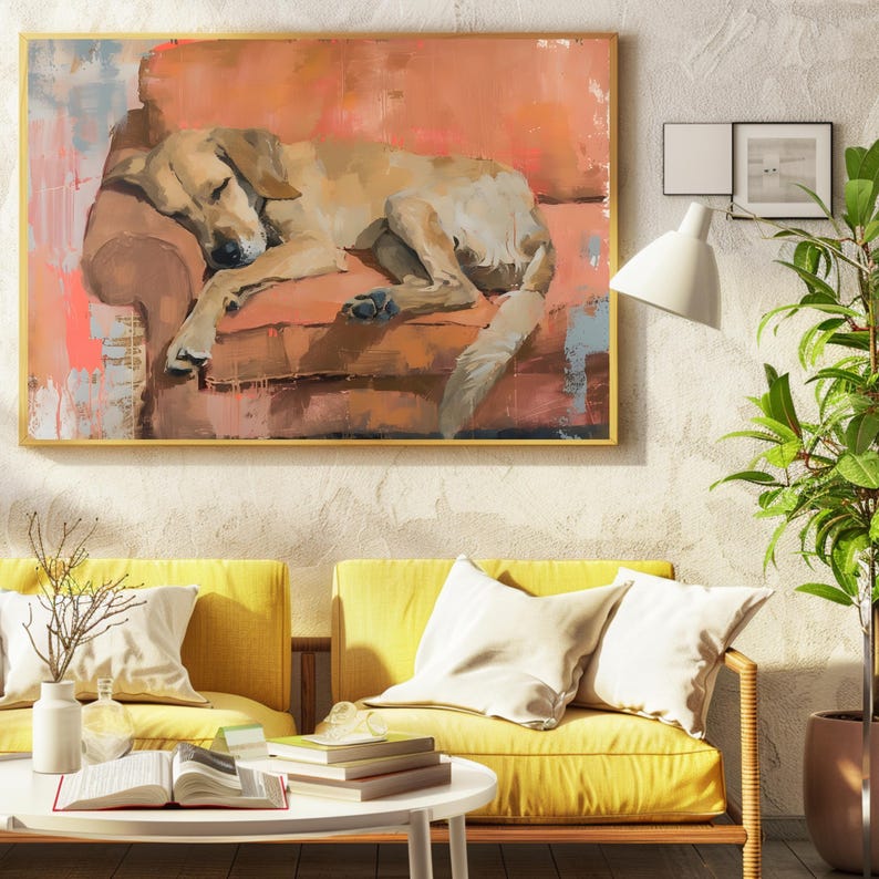 May include: A painting of a golden retriever dog sleeping on a pink couch. The dog is curled up on the couch with its head resting on its paws. The painting is done in a realistic style with soft brushstrokes.