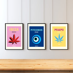 Set of 3 Travel Famous Places Prints,Preppy Room Decor Travel Poster,Miami Ibiza Mykonos,Trendy Room Prints,Aesthetic Decor,Digital Download