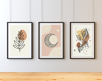Boho Abstract Wall Art Prints, Set of 3 Prints,Mid Century Modern Home Decor, Digital Download, Terracotta Tones,  Boho Wall Art