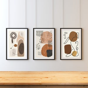Mid Century Modern Art Print, Abstract Wall Decor Set of 3, Boho Art Prints, Neutral Modern Wall Art, Digital Wall Art, Geometric Design