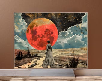 Woman and Moon Print, Vintage Wall Art, Moon Poster, Eclectic Wall Art, Modern Art,Oil Painted Themed, Wall Art Decor, Digital Printable,AI