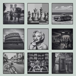 Puede incluir: Un collage de nueve imágenes en blanco y negro. La fila superior muestra una vista de la Catedral de Notre Dame en París, un tablero de ajedrez con piezas de ajedrez y un coche clásico conduciendo por una playa. La fila del medio muestra una vista del Coliseo en Roma, una mujer aplicándose lápiz labial y una escena de bar con gente sentada y de pie. La fila inferior muestra una escena de calle con una bicicleta, un grupo de personas actuando en un escenario y una cabina telefónica roja.