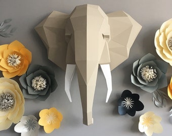 Tête d'éléphant : décoration en origami - Fichiers numériques pour créations en papier. Modèle PDF imprimable. Modèle 3D en origami à faire soi-même