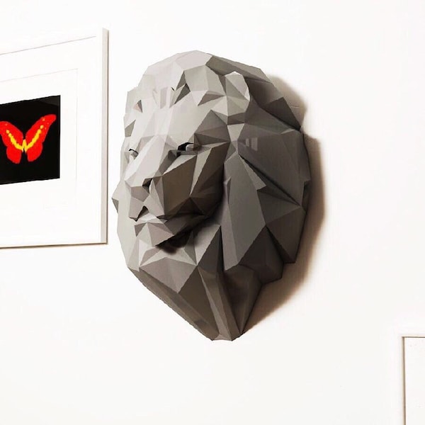 Lion head: Origami decor - Digital Files for Papercraft. Printable PDF Template. 3d Origami Model DIY. Wall decor