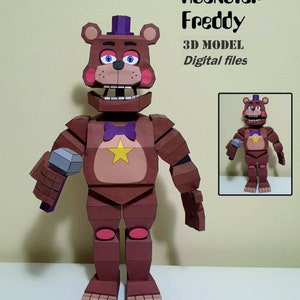 May include: A brown and purple papercraft model of Rockstar Freddy from the Five Nights at Freddy's video game series. The model is holding a microphone and has a yellow star on its chest. The image includes the text "Rockstar Freddy 3D MODEL Digital files".