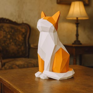 Może przedstawiać: Geometryczna papierowa rzeźba kota w kolorze białym i pomarańczowym siedzi na drewnianym stole. Kot ma stylizowany, kanciasty design, z pomarańczowymi sekcjami tworzącymi ciało i uszy. Tło obejmuje lampę i krzesło w stylu vintage.