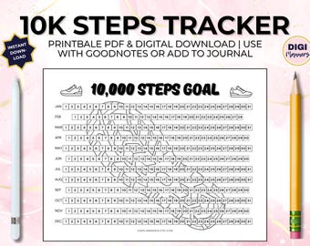 May include: A printable 10,000 steps goal tracker for a year. The tracker is designed to look like a pair of sneakers. Each month has a grid of numbers 1-31. The tracker is black and white.