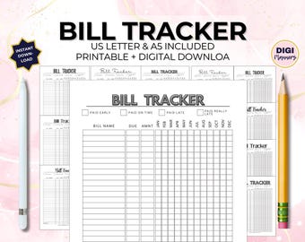 Simple Bill Tracker for Paycheck Budget Undated A4 Letter + A5 Sizes Printable + Digital Download Money Debt Checklist Organizer - 12 Incl