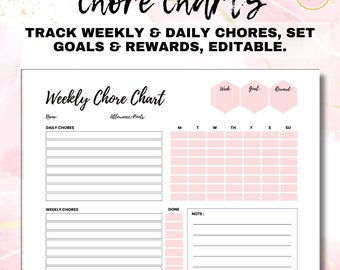 Editable Weekly Allowance Chore Chart Printable Pink Habits Kids Teens Family Planner Track Rewards Goals Back to School Colorful School