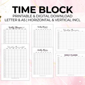 Wöchentlicher stündlicher Zeitblock Box Letter, A5 druckbarer & digitaler Planer Stundenplan Organizer Tägliche KinderRoutine Reiseaufgabenliste H / V - 11 Typen