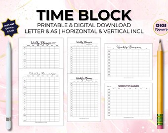 Weekly Hourly Time Block Box Letter, A5 Printable & Digital Planner Schedule Organizer Daily Kids Routine Travel Task List H/V - 11 Types