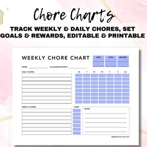 Weekly Chore Chart Allowance Chart Fillable Printable Positive Habits Kids Teens Family Planner Track Rewards Goals Back to School Blue