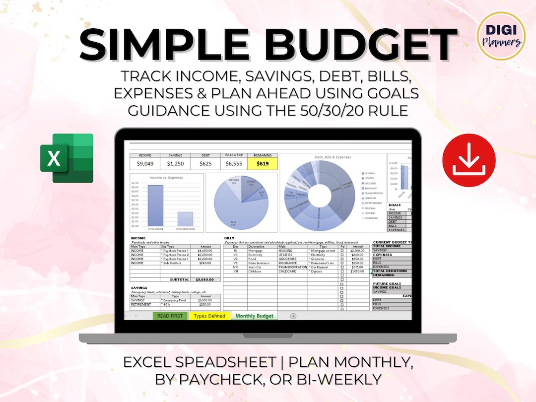 Simple Excel Monthly Budget Spreadsheet Tracker Manage Income Savings ...