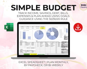 May include: A laptop screen displaying a spreadsheet with a simple budget template. The spreadsheet includes sections for income, savings, debt, bills, expenses, and goals. The title of the spreadsheet is "SIMPLE BUDGET" and the text below the spreadsheet says "EXCEL SPREADSHEET | PLAN MONTHLY, BY PAYCHECK, OR BI-WEEKLY".