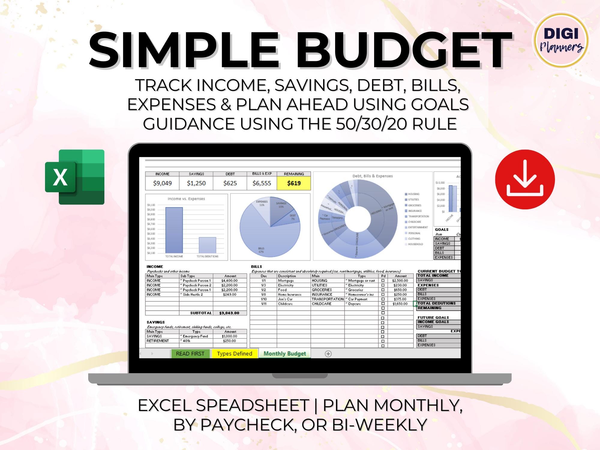 Simple Excel Monthly Budget Spreadsheet Tracker Manage Income Savings ...
