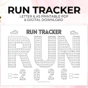 May include: A black and white printable run tracker with the words "RUN TRACKER" in large letters. The word "RUN" is designed with a grid for tracking runs. The year "2026" is also displayed. Includes text "LETTER & A5 PRINTABLE PDF & DIGITAL DOWNLOAD".