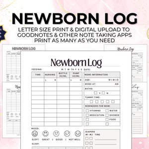 Newborn Log Print & Digital Schedule Tracker Sleep Breastfeeding Diaper Naps Nursing Bottle Pump Bath Tummy Time New Mom Baby Changing Nanny
