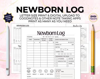 Newborn Log Print & Digital Schedule Tracker Sleep Breastfeeding Diaper Naps Nursing Bottle Pump Bath Tummy Time New Mom Baby Changing Nanny