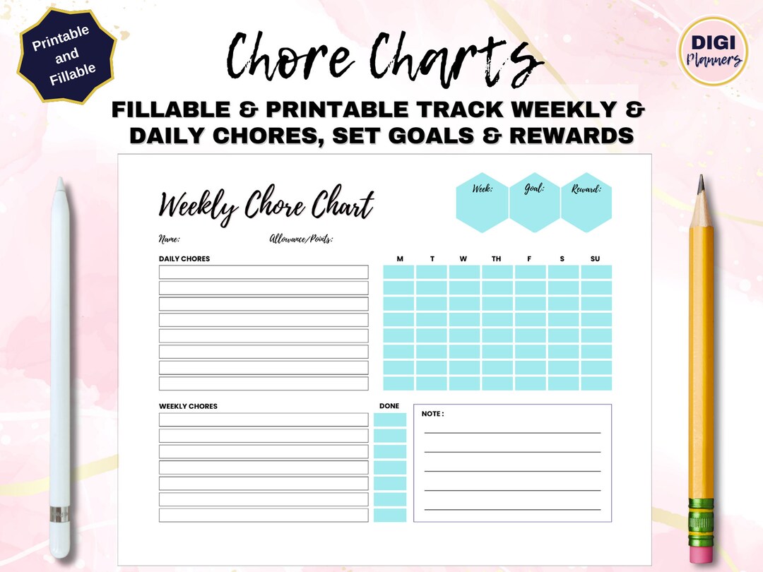Weekly Chore Chart Allowance Tracker Fillable PDF Teal Build Good ...