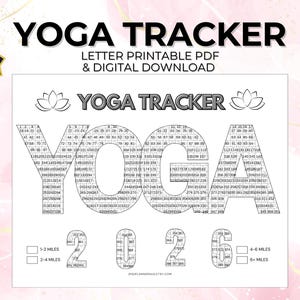 Może przedstawiać: Drukowany tracker jogi w formacie PDF z napisem "YOGA TRACKER" dużymi literami. Słowo "YOGA" zostało zaprojektowane z polami do śledzenia. Rok "2023" jest również uwzględniony. Biały rysik i żółty ołówek znajdują się po bokach.