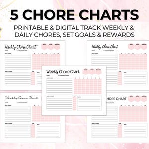 Weekly Chore Chart & Monthly Printable and Digital Download Pink Habits Kids Family Planner Tracker Rewards Goals School Allowance Fillable