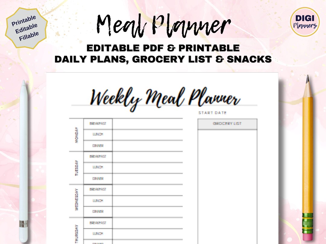 Weekly Meal Planner Printable and Digital Food Diary Food Journal ...