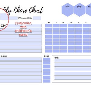 Weekly Chore Chart Allowance Tracker Fillable PDF Teal Build Good ...