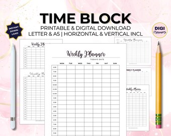 Weekly Hourly Time Block Box Letter, A5 Printable & Digital Planner Schedule Organizer Daily Kids Routine Travel Task List H/V - 11 Types