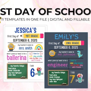 Plantilla de Canva editable para el primer día de clases y regreso a clases para estudiantes de preescolar y primaria. Versión gratuita. Descarga instantánea.