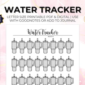 Water Tracker Monthly Letter Fitness Journal Hydration Printable + Digital Download Goals Year in Pixels 8 Cups Per Day Bottle, 4 Styles